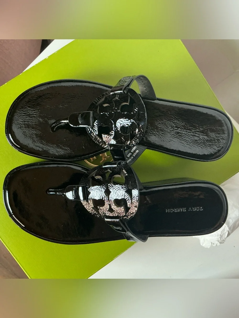 Tory Burch Black Patent Leather Wedge Sandals